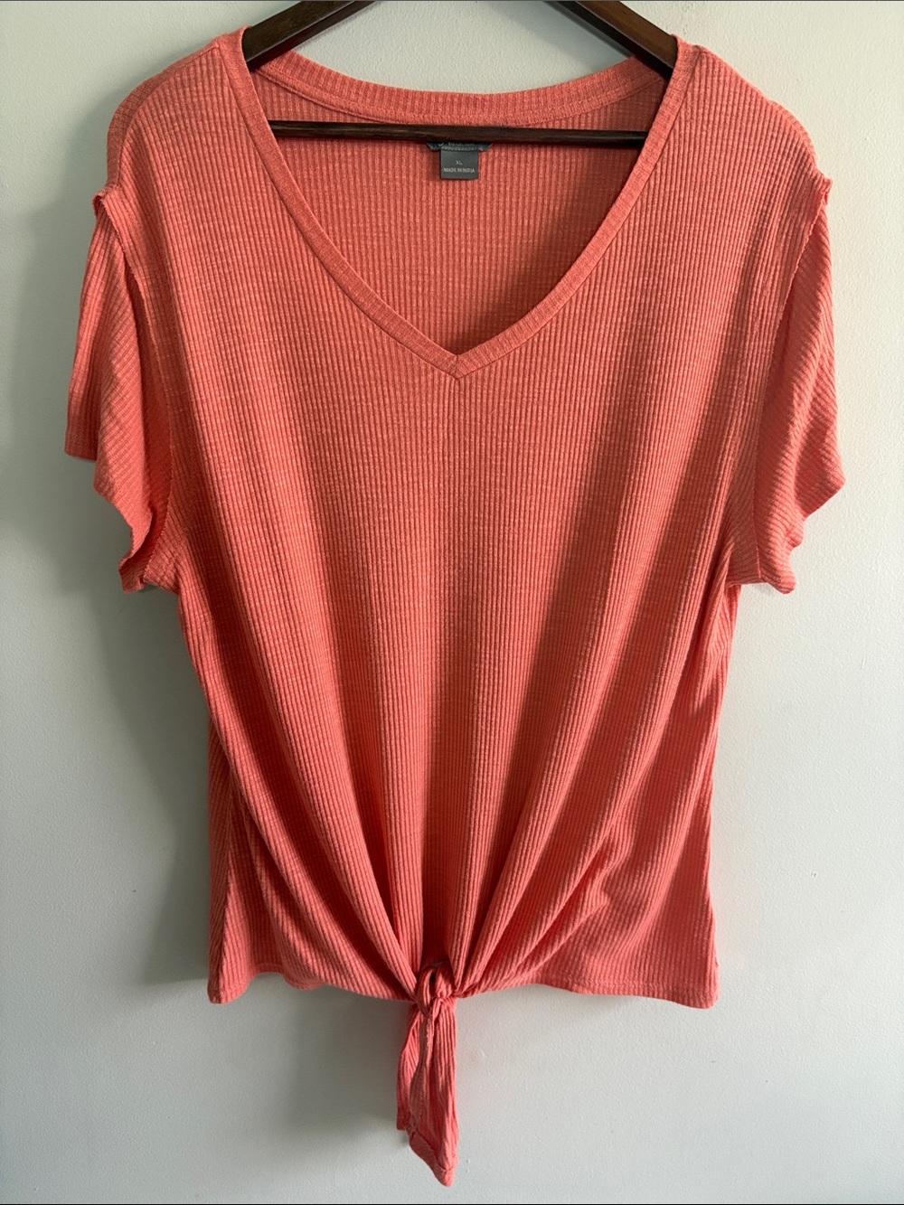 Natural Reflections XL Coral Waffle Knit Tie Front V‎ Neck Top Short Sleeve
